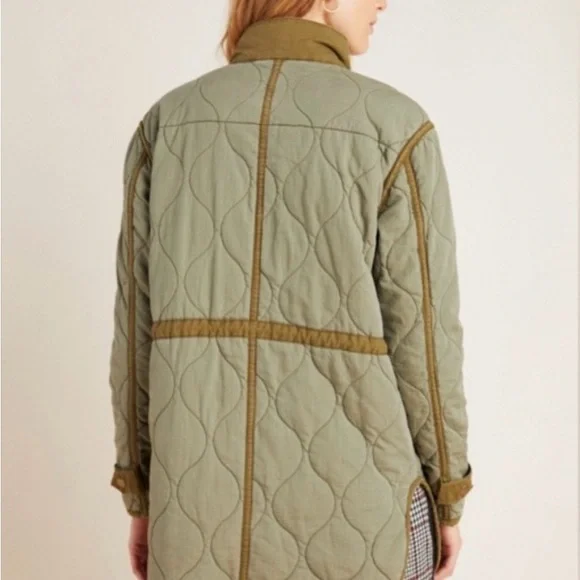 Anthropologie Olive Quilted Long Puffer Coat with Contrast Trim - Picture 3 of 8